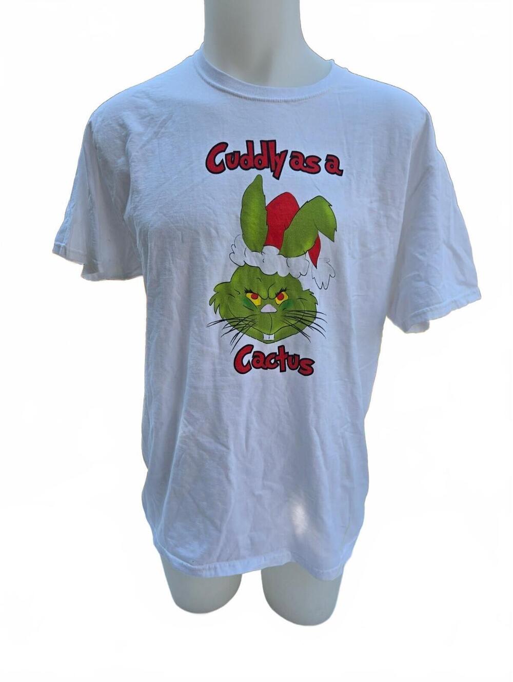 White Graphic christmas T-Shirt Size Large Grinch Cuddly as a Cactus
